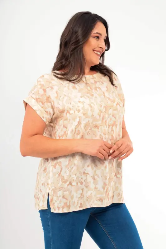 Angelino Plus Size Patterned Drop Shoulder Basic Mink Blouse - 3