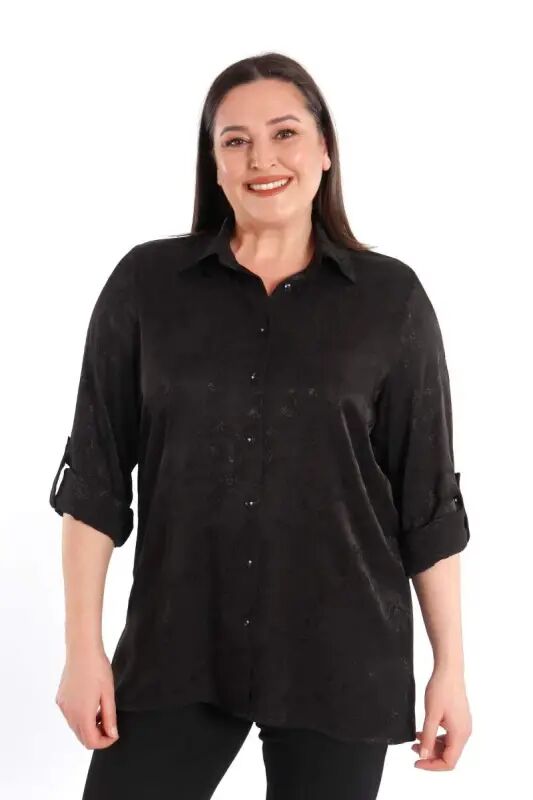 Angelino Plus Size Patterned Floch Viscose Black Shirt - 4