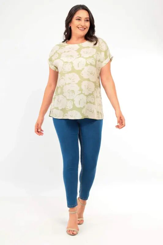Angelino Plus Size Patterned Low Sleeve Basic Green Blouse - 2