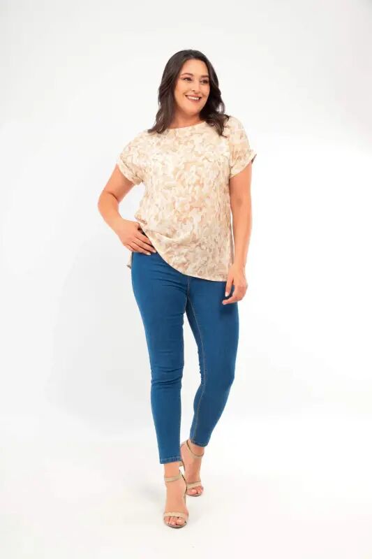 Angelino Plus Size Patterned Low Sleeve Basic Mink Blouse - 2