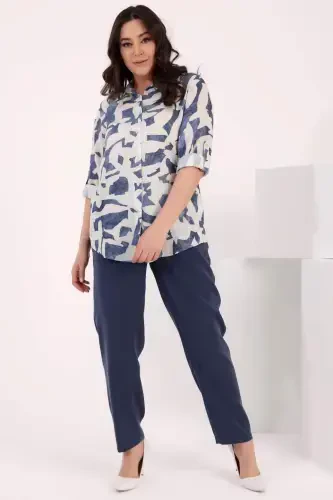 Angelino Plus Size Patterned Viscose Indigo Shirt - 2