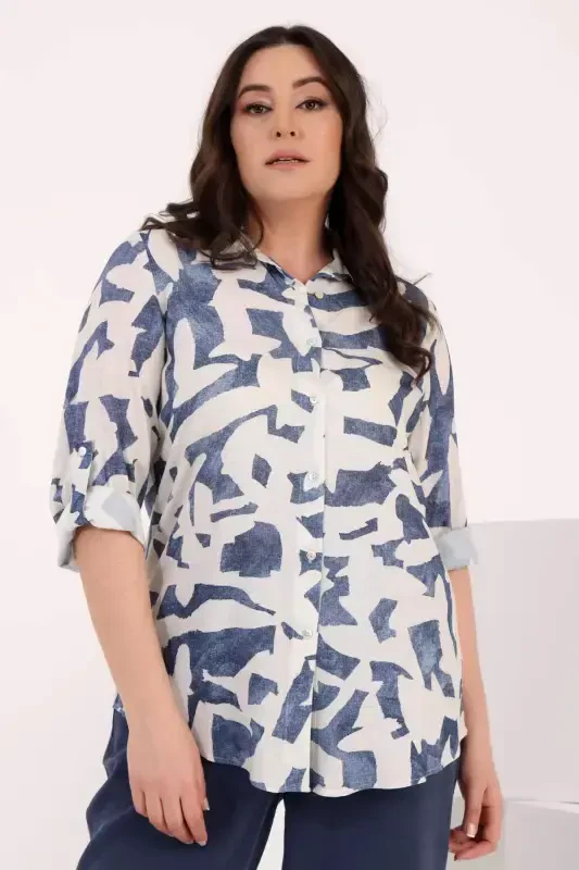 Angelino Plus Size Patterned Viscose Indigo Shirt - 6