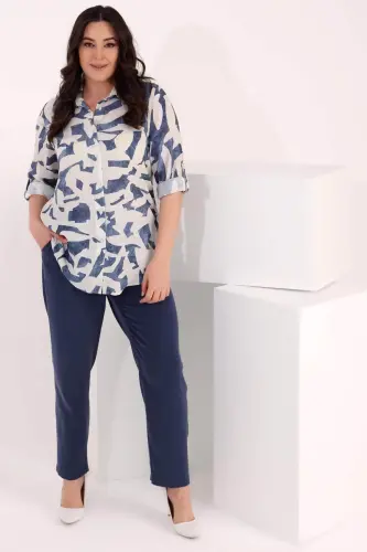 Angelino Plus Size Patterned Viscose Indigo Shirt - 4
