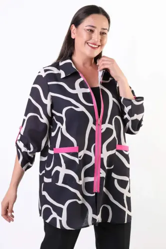 Angelino Plus Size Patterned Zippered Black Jacket - 3