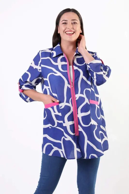 Angelino Plus Size Patterned Zippered Royal Blue Jacket - 3
