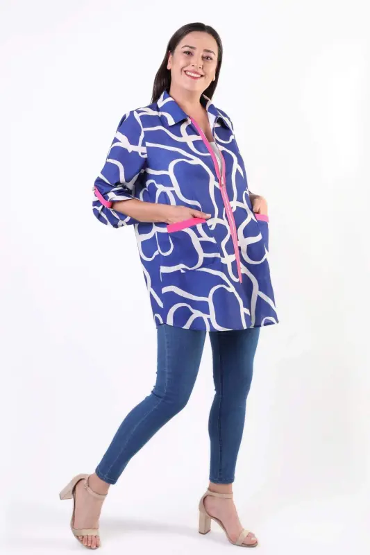 Angelino Plus Size Patterned Zippered Royal Blue Jacket - 2