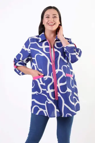 Angelino Plus Size Patterned Zippered Royal Blue Jacket - 3