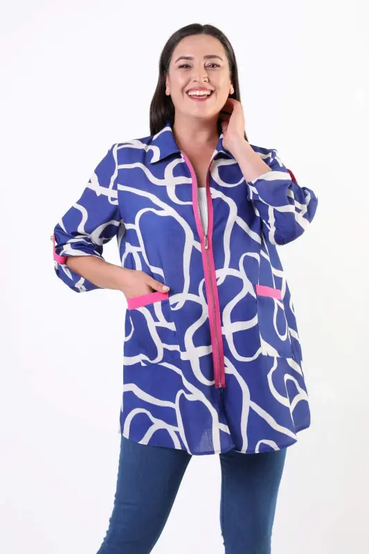Angelino Plus Size Patterned Zippered Royal Blue Jacket - 3