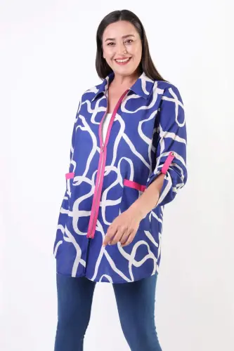 Angelino Plus Size Patterned Zippered Royal Blue Jacket - 4