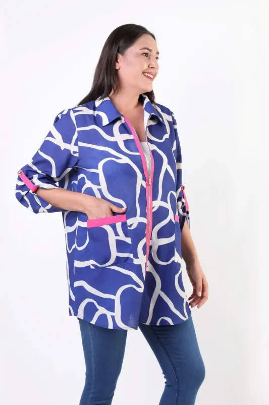 Angelino Plus Size Patterned Zippered Royal Blue Jacket - 6