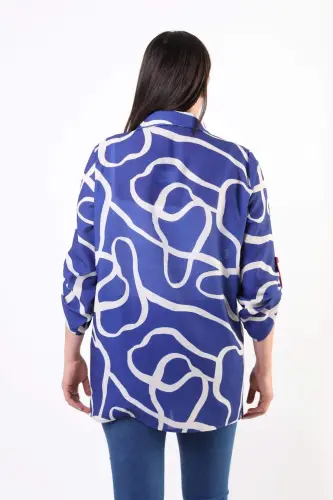 Angelino Plus Size Patterned Zippered Royal Blue Jacket - 7