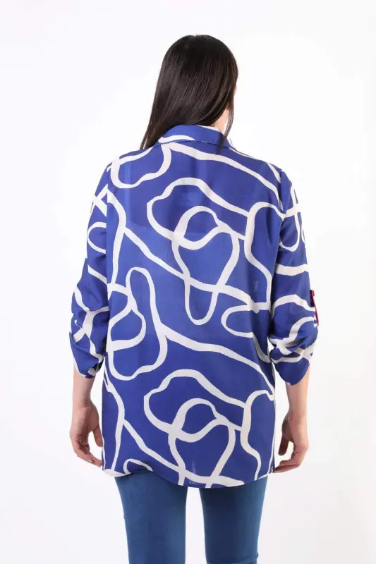 Angelino Plus Size Patterned Zippered Royal Blue Jacket - 7