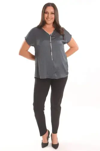 Angelino Plus Size Petrol Green Crash and Chain Detailed Satin Blouse - 3