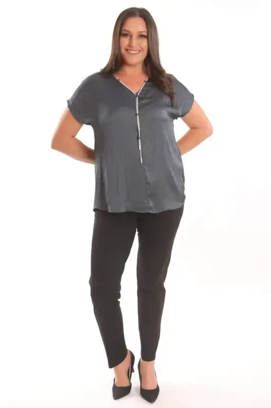 Angelino Plus Size Petrol Green Crash and Chain Detailed Satin Blouse - 3