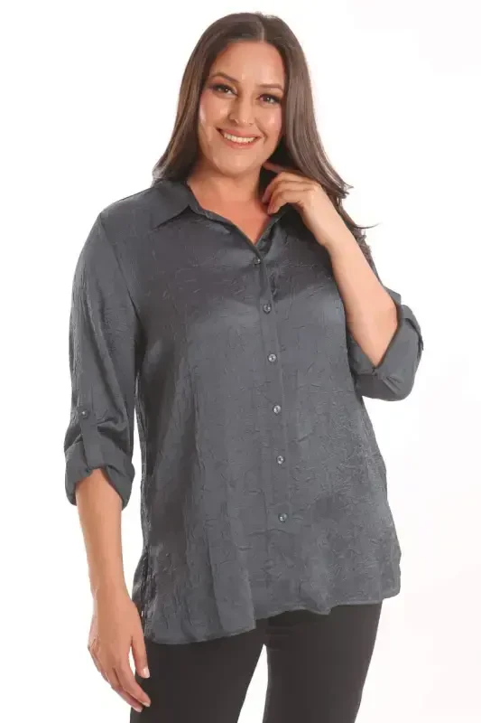 Angelino Plus Size Petrol Green Crash Satin Shirt - BÜYÜKBEDENIZ