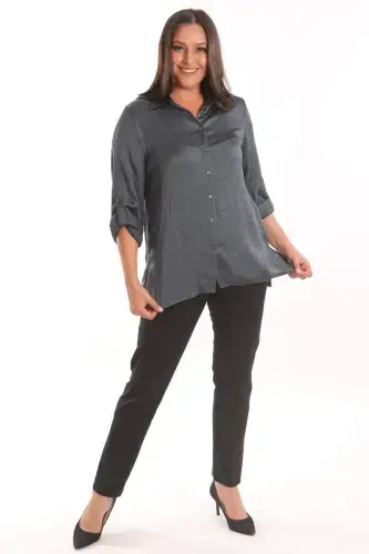 Angelino Plus Size Petrol Green Crash Satin Shirt - 2