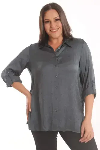 Angelino Plus Size Petrol Green Crash Satin Shirt - 3