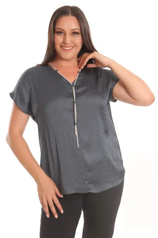 Angelino Plus Size Petrol Green Crinkled and Chain Detailed Satin Blouse - 1
