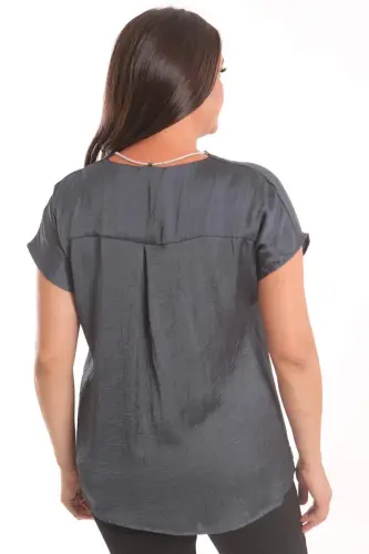 Angelino Plus Size Petrol Green Crinkled and Chain Detailed Satin Blouse - 4