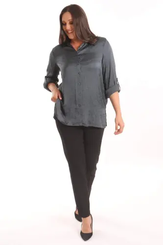 Angelino Plus Size Petrol Green Crushed Satin Shirt - 4