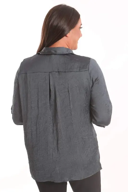 Angelino Plus Size Petrol Green Crushed Satin Shirt - 5