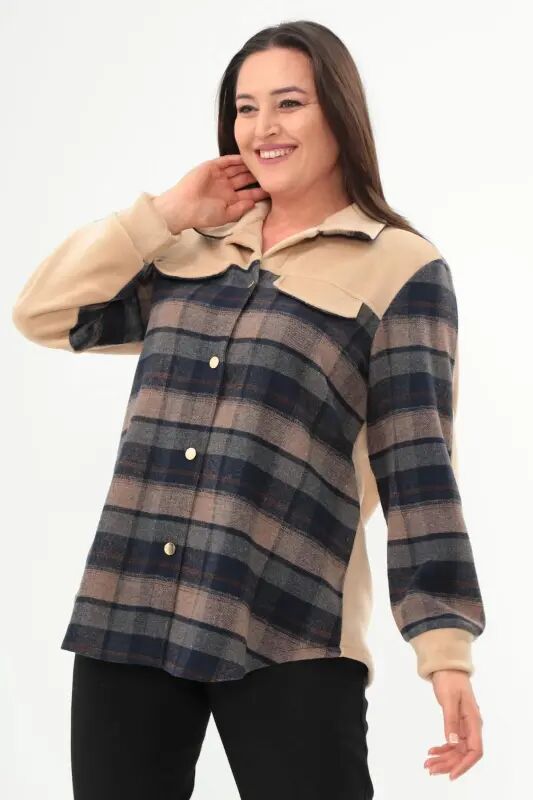Angelino Plus Size Plaid Pattern Lumberjack Beige Shirt - 1