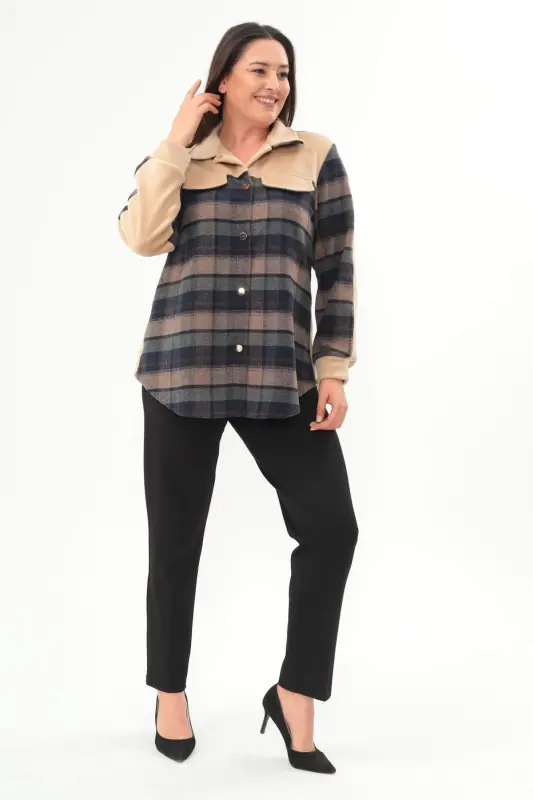 Angelino Plus Size Plaid Pattern Lumberjack Beige Shirt - 2