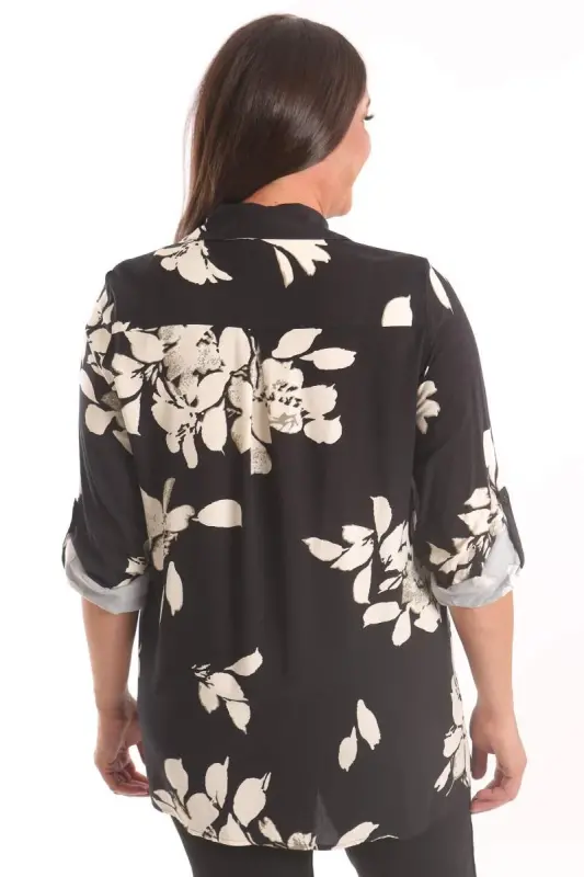 Angelino Plus Size Pleated Floral Pattern Black Shirt - 4