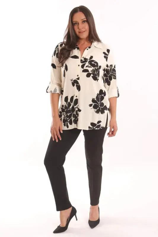 Angelino Plus Size Pleated Floral Pattern Ecru Shirt - 2