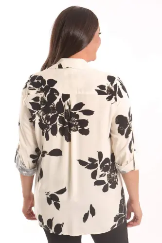 Angelino Plus Size Pleated Floral Pattern Ecru Shirt - 5