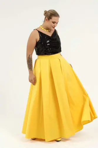 Angelino Plus Size Pleated Pocket Fabulous Yellow Skirt KL8045 - BÜYÜKBEDENIZ (1)
