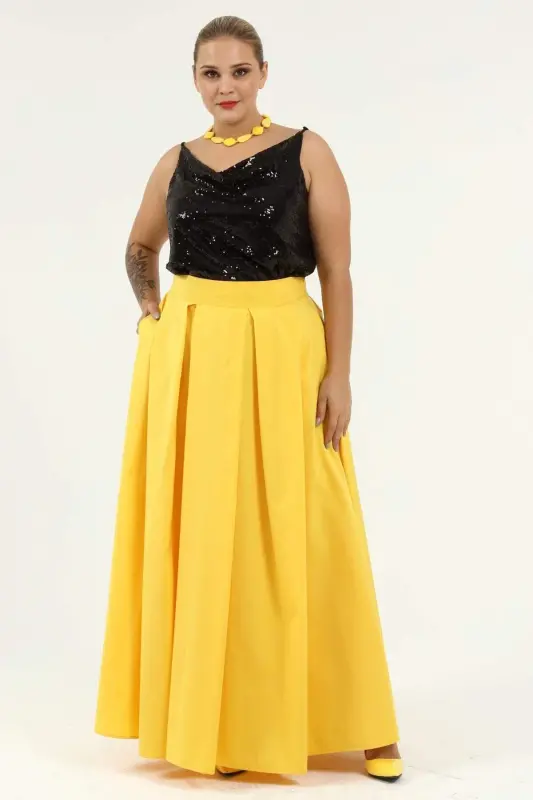 Angelino Plus Size Pleated Pocket Fabulous Yellow Skirt KL8045 - 3