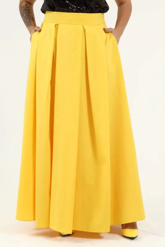 Angelino Plus Size Pleated Pocket Fabulous Yellow Skirt KL8045 - 6
