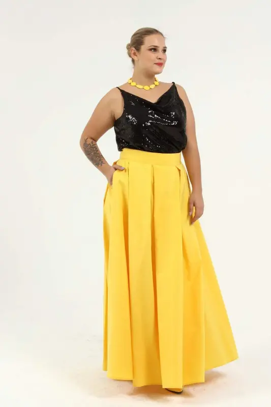 Angelino Plus Size Pleated Pocket Fabulous Yellow Skirt KL8045 - 7