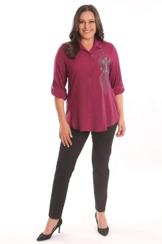 Angelino Plus Size Plum Stone Printed Woven Shirt - 2