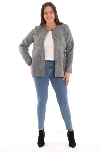 Angelino Plus Size Pocket Stone Printed Black Jacket - BÜYÜKBEDENIZ (1)
