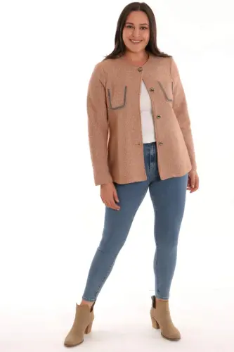 Angelino Plus Size Pocket Stone Printed Camel Jacket - BÜYÜKBEDENIZ (1)