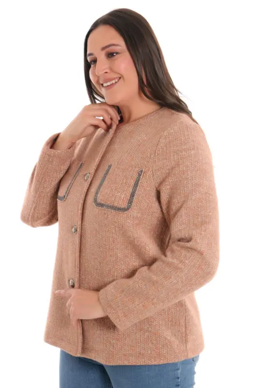 Angelino Plus Size Pocket Stone Printed Camel Jacket - 3