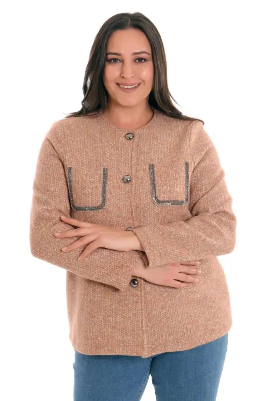 Angelino Plus Size Pocket Stone Printed Camel Jacket - 4