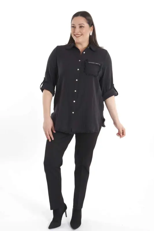 Angelino Plus Size Pocket Stone Printed Fringed Hem Muslin Black Shirt - 3