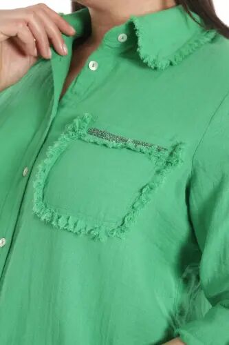 Angelino Plus Size Pocket Stone Printed Skirt Fringe Muslin Green Shirt - 6