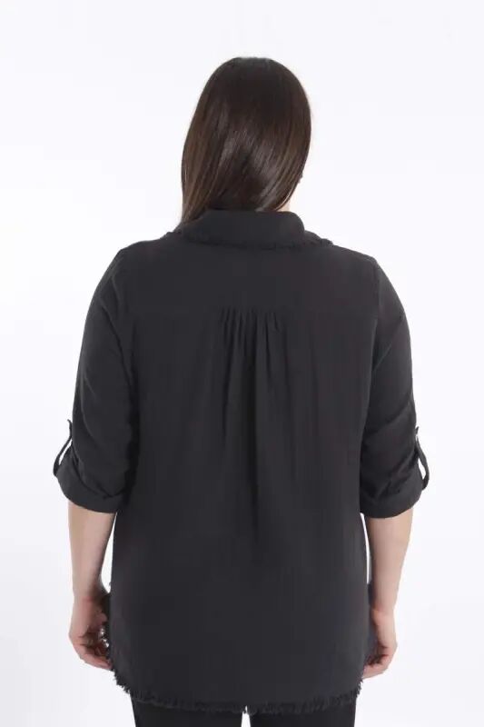 Angelino Plus Size Pocket Stone Printed Skirt Fringed Muslin Black Shirt - 5