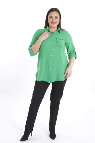 Angelino Plus Size Pocket Stone Printed Skirt Fringed Muslin Green Shirt - 4