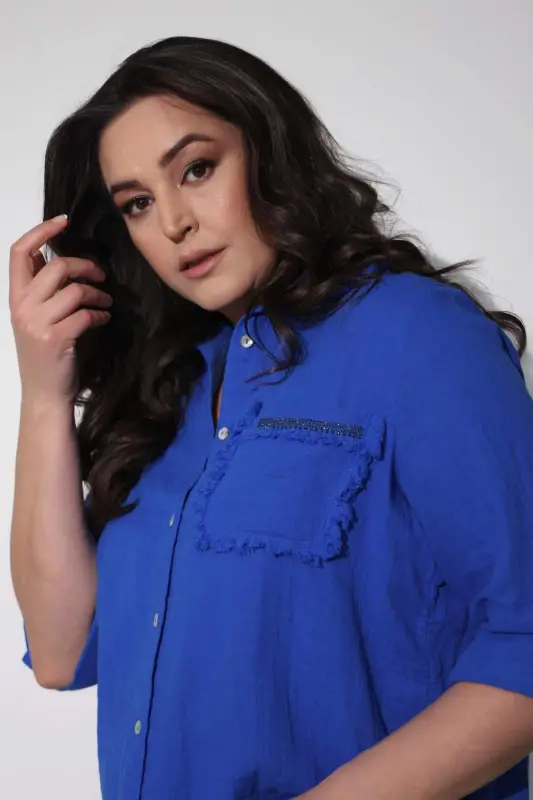 Angelino Plus Size Pocket Stone Printed Skirt Fringed Muslin Sax Shirt - 4