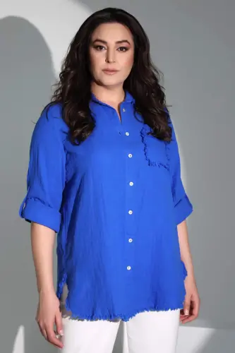 Angelino Plus Size Pocket Stone Printed Skirt Fringed Muslin Sax Shirt - 5