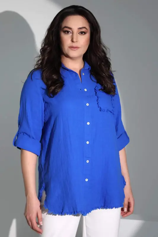 Angelino Plus Size Pocket Stone Printed Skirt Fringed Muslin Sax Shirt - 5