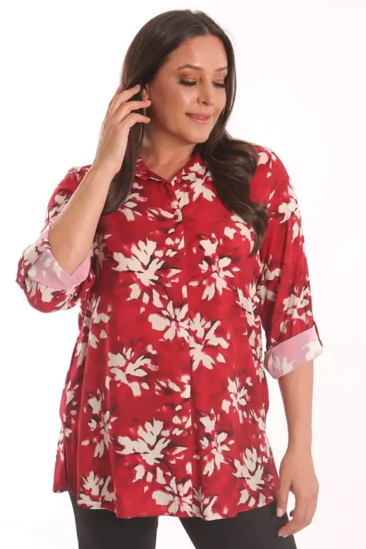 Angelino Plus Size Red Patterned Viscose Shirt - 3