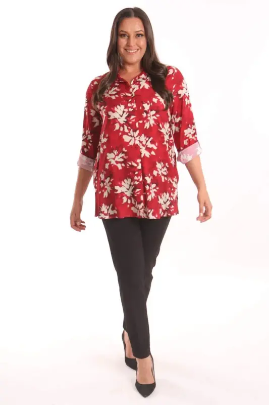 Angelino Plus Size Red Patterned Viscose Shirt - 4