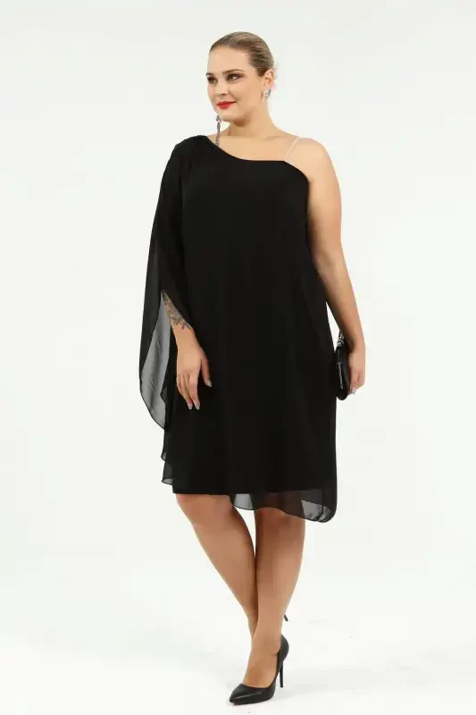 Angelino Plus Size Rhinestone Strap One-Shoulder Chiffon Dress Black KL6060Z - 1