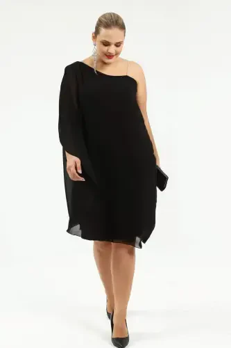Angelino Plus Size Rhinestone Strap One-Shoulder Chiffon Dress Black KL6060Z - 3